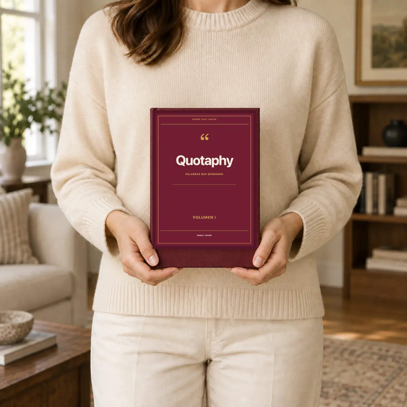 A person holding a burgundy edition of the Quotaphy editorial book.